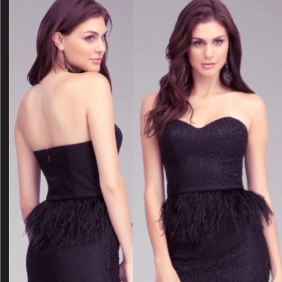 BEBE Lace Strapless Feather Waistline Strapless Cocktail Mini Dress Size 0 Black - Picture 2 of 8